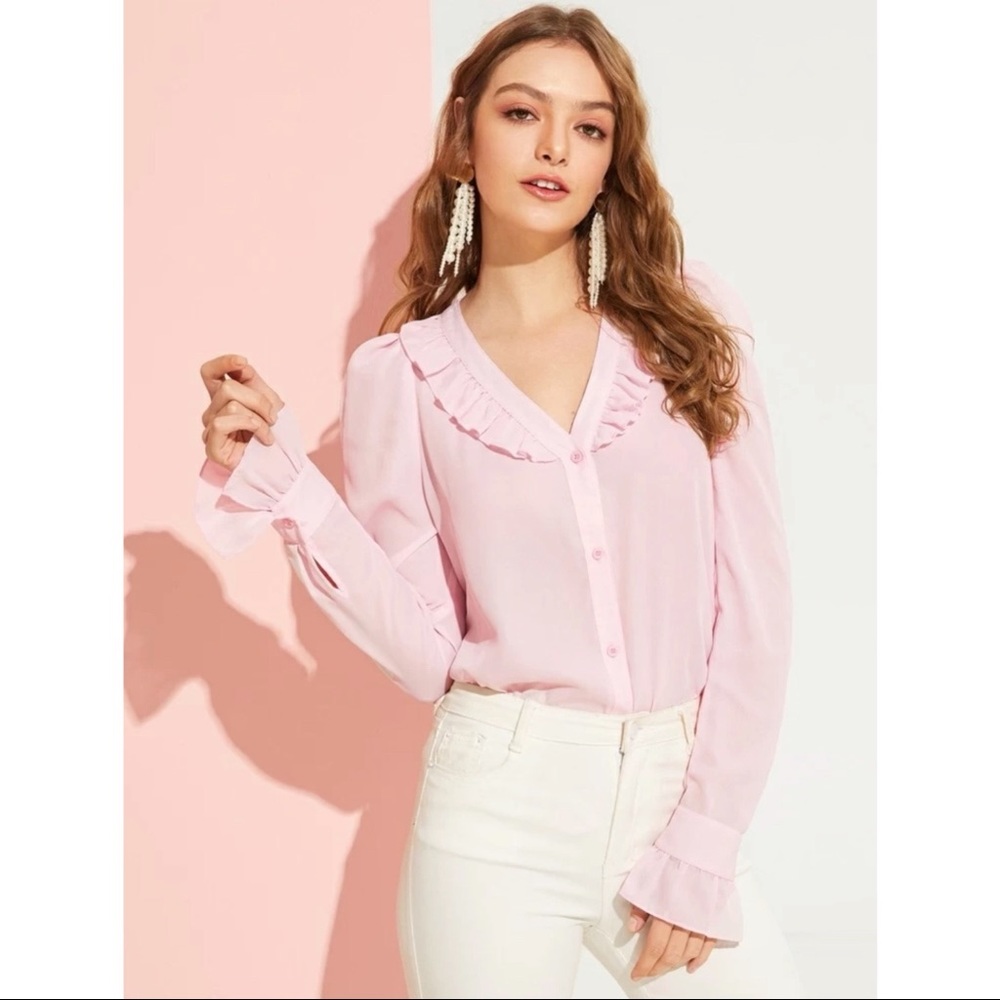 Ruffle Trim Solid Buttoned Blouse - image 2